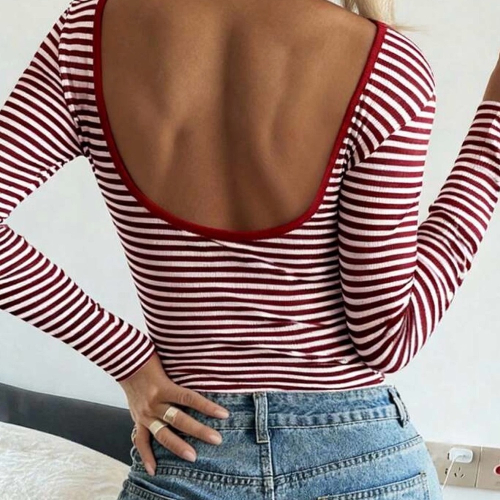SHEIN Red and White Striped Open Back Bodysuit